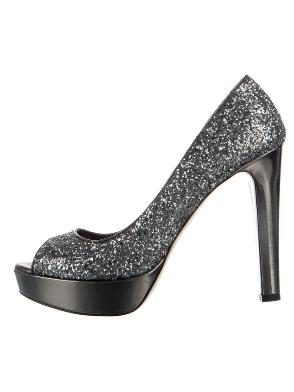 MIU MIU Gunmetal Glitter Peep-Toe Platform Pumps | Size 39  US 9 | Made in Italy